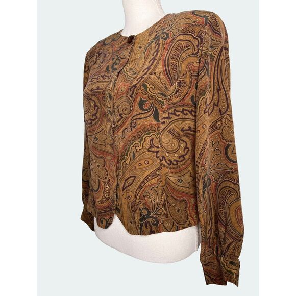 Vintage 90s Liz Claiborne Size 4P Brown Silk Paisley Blouse Top Career Work - Picture 10 of 11